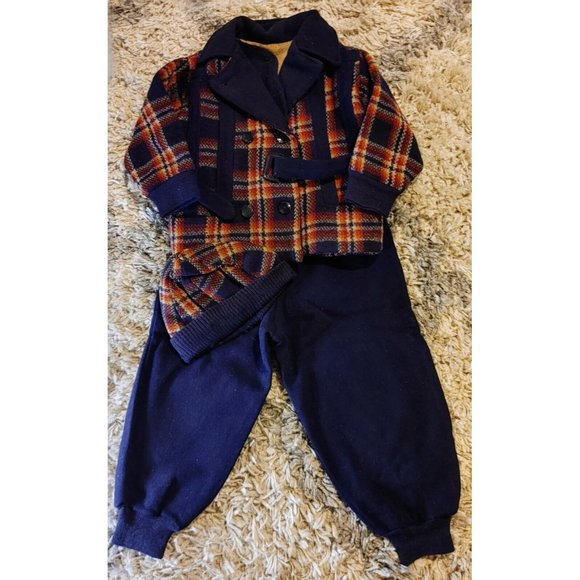 Vintage Antique Boys Orange Blue Plaid Wool Winter Coat/Pants/Cap Snow Suit